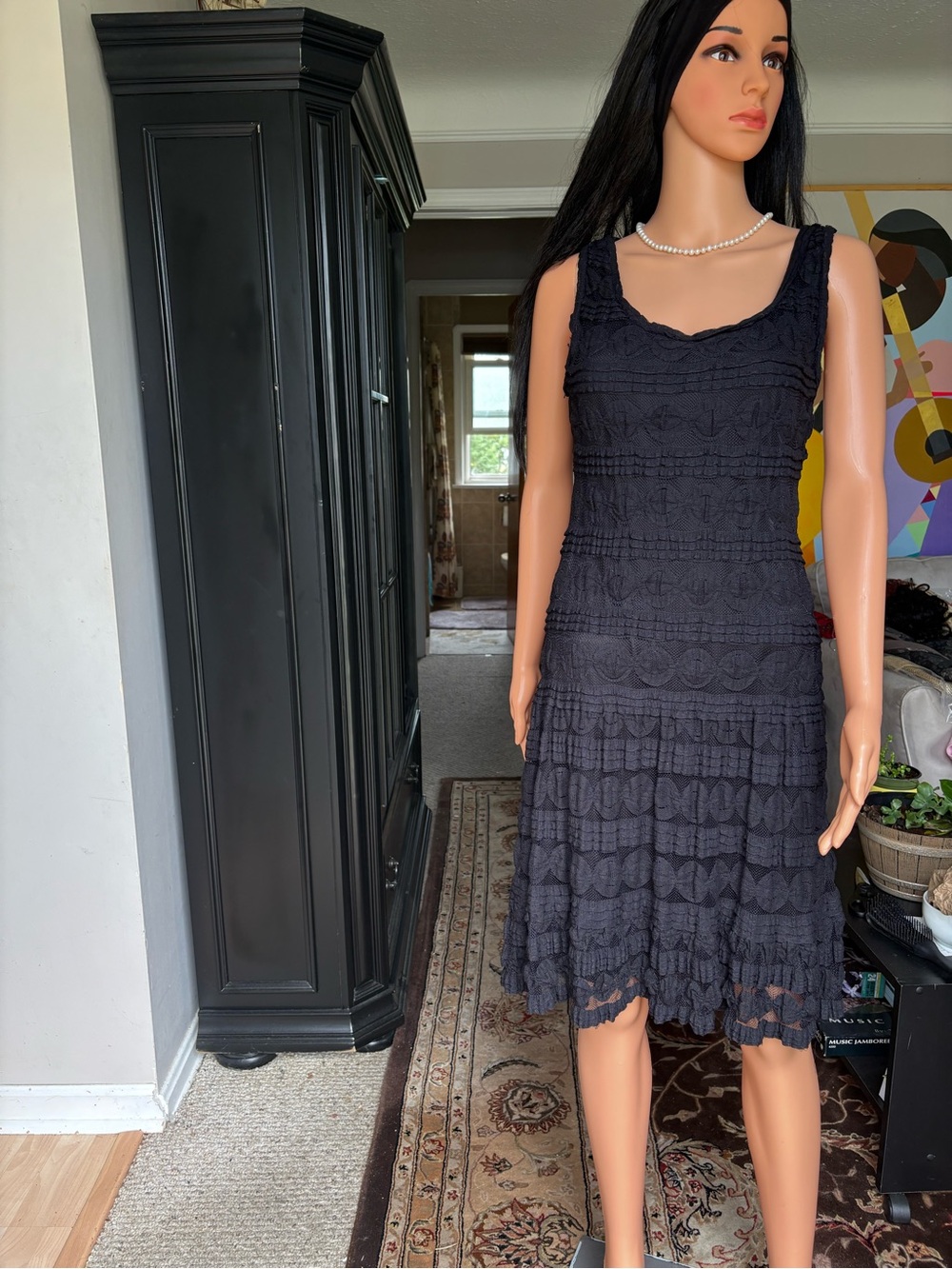 Max Studio Black Sleeveless Textured Midi Dress with Tiered Skirt - Picture 7 of 7